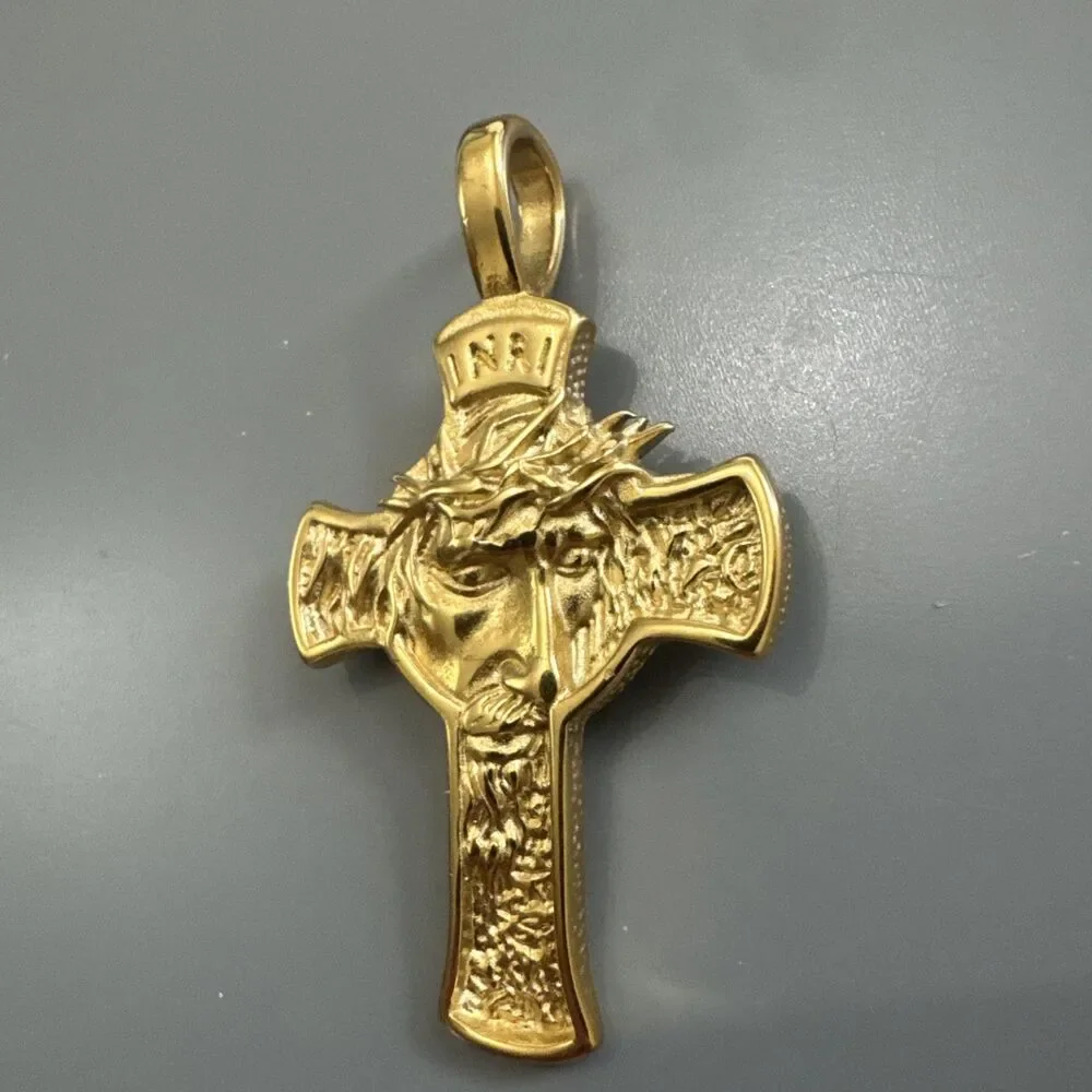 Gold Tone Jesus Christ Cross Pendant 24 Inch Chain Stainless Steel “inri” Gift
